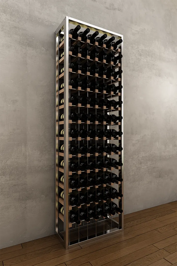108 bottle BUOYANT® free standing cable wine rack with chrome steel frame and red oak cradles