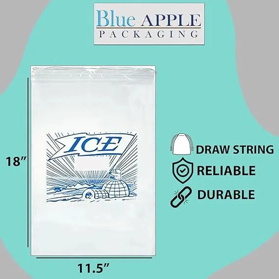 11.5X18 inches Ice Bags with Drawstring Closure Printed 1.2 Mil Metallocene (mPE)