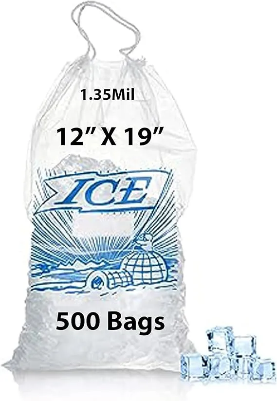12X19 inches Ice Bags with Drawstring Closure Printed 1.35 Mil Metallocene (mPE)