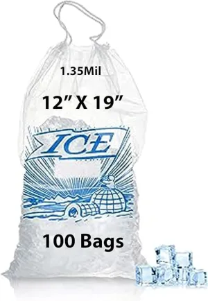 12X19 inches Ice Bags with Drawstring Closure Printed 1.35 Mil Metallocene (mPE)