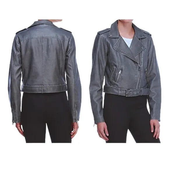 $180 Levi's Water Repellent Moto Jacket Large Gray Faux Leather Belted Big Zips