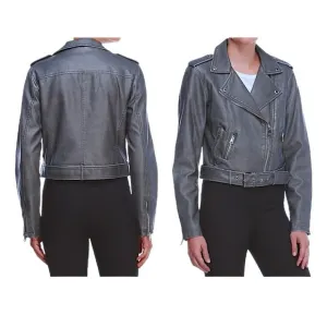 $180 Levi's Water Repellent Moto Jacket Large Gray Faux Leather Belted Big Zips