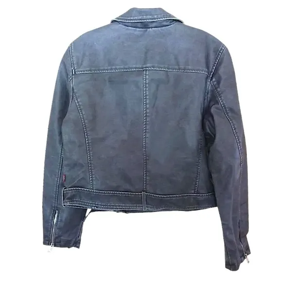 $180 Levi's Water Repellent Moto Jacket Large Gray Faux Leather Belted Big Zips