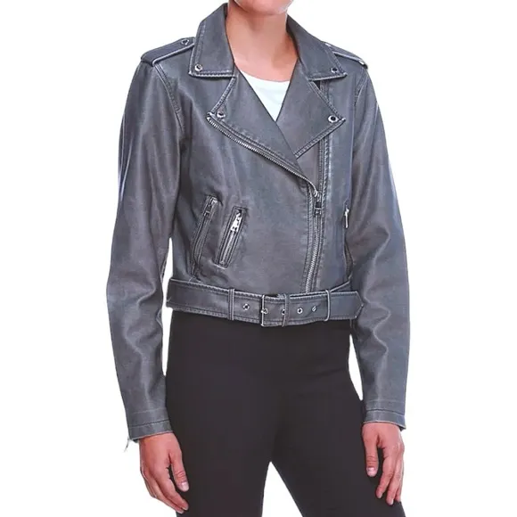 $180 Levi's Water Repellent Moto Jacket Large Gray Faux Leather Belted Big Zips