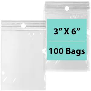 3X6 inches Reclosable Poly Bags with Hang Hole 2 Mil (LDPE) Single Track Zipper