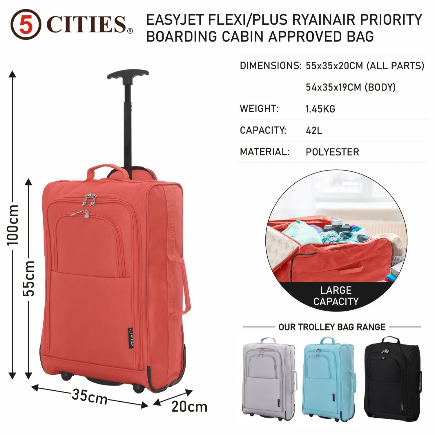 5 Cities (55x35x20cm) Lightweight Cabin Hand Luggage With a Retractable Telescopic Handle, Approved For Ryanair/easyJet/British Airways & more
