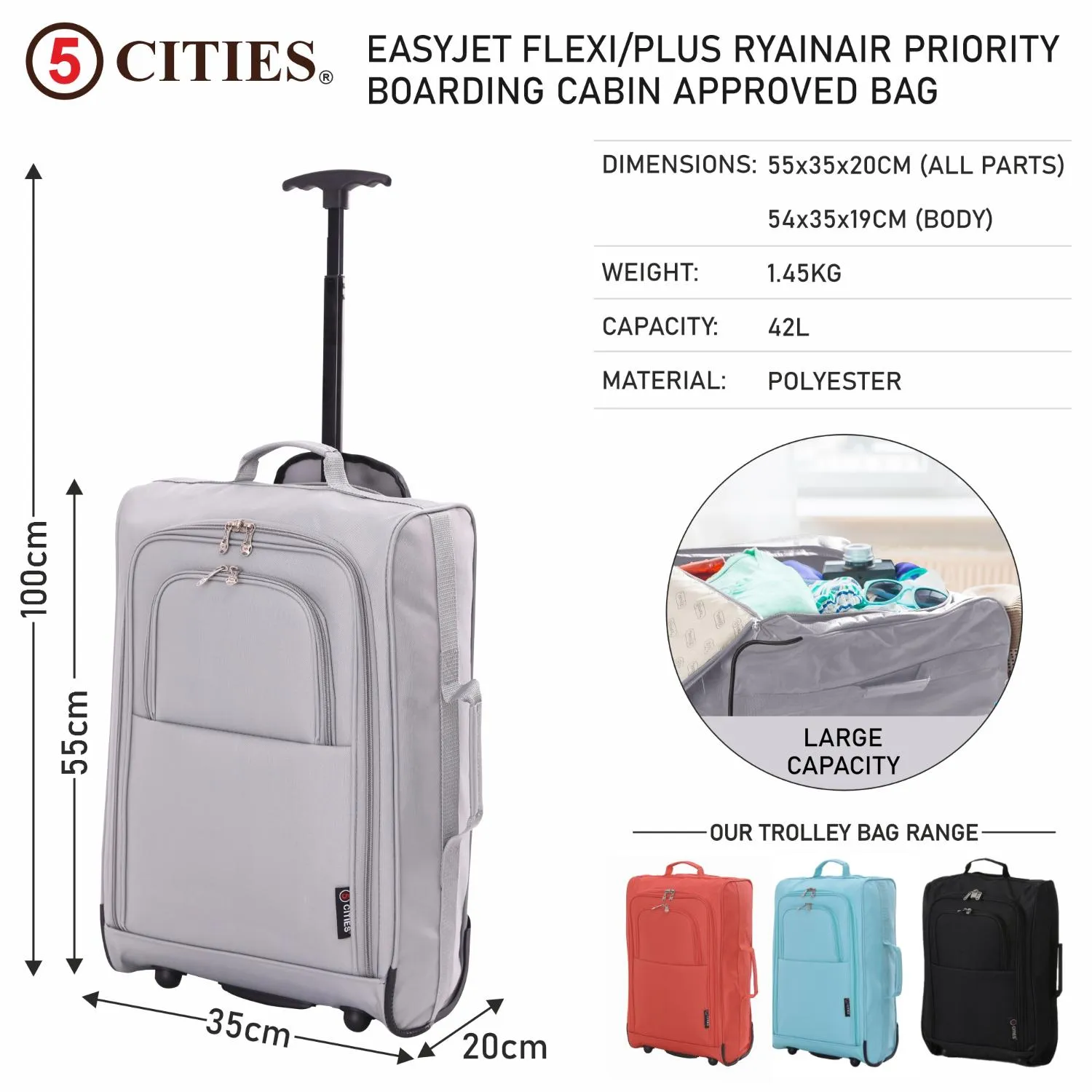 5 Cities (55x35x20cm) Lightweight Cabin Hand Luggage With a Retractable Telescopic Handle, Approved For Ryanair/easyJet/British Airways & more