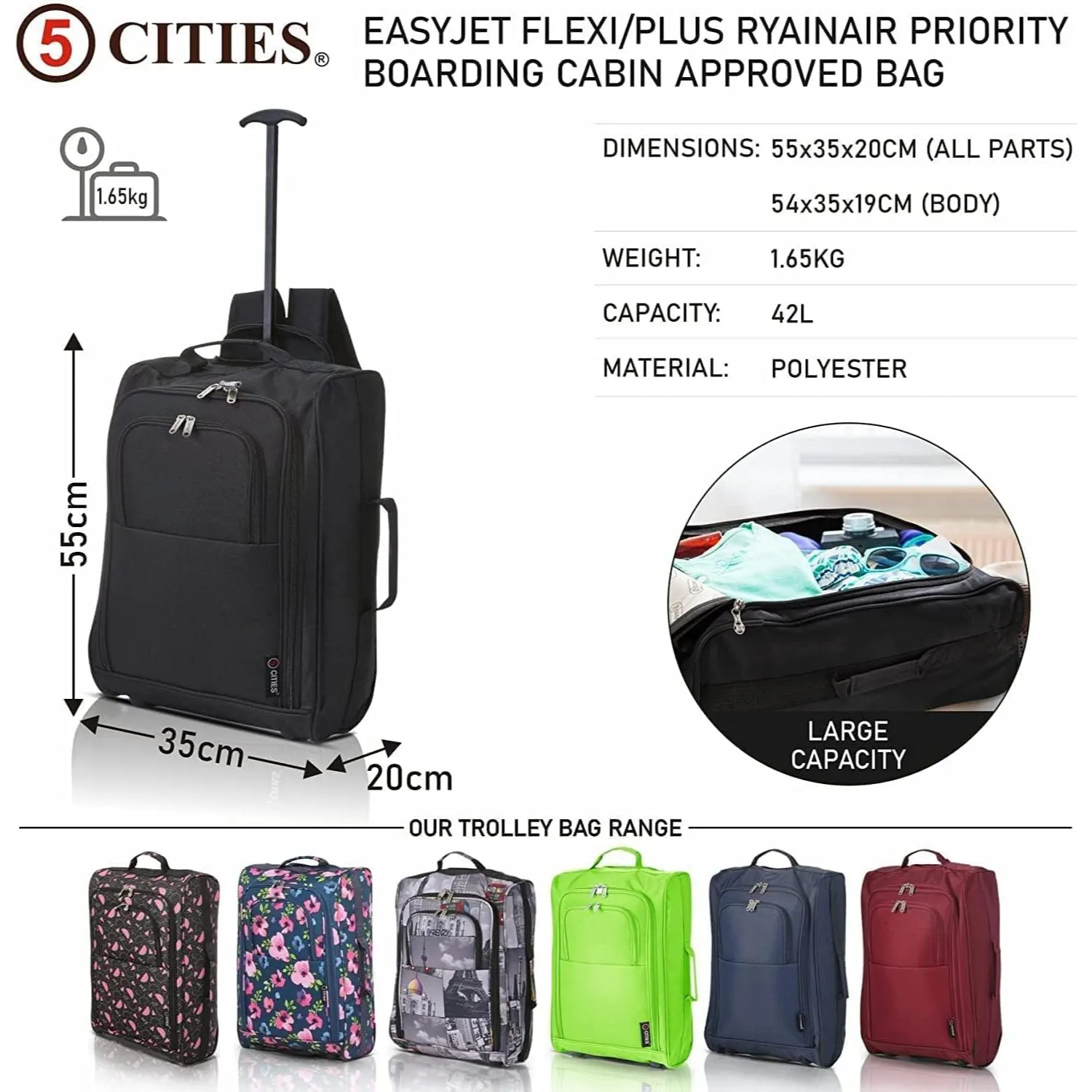 5 Cities (55x35x20cm) Lightweight Cabin Hand Luggage With a Retractable Telescopic Handle, Approved For Ryanair/easyJet/British Airways & more