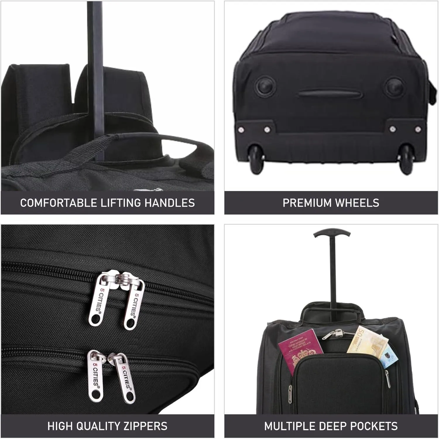 5 Cities (55x35x20cm) Lightweight Cabin Hand Luggage With a Retractable Telescopic Handle, Approved For Ryanair/easyJet/British Airways & more