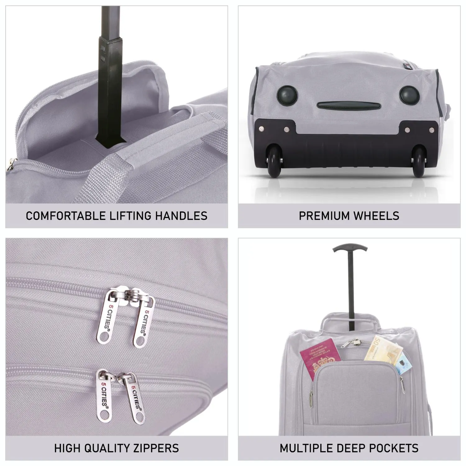 5 Cities (55x35x20cm) Lightweight Cabin Hand Luggage With a Retractable Telescopic Handle, Approved For Ryanair/easyJet/British Airways & more
