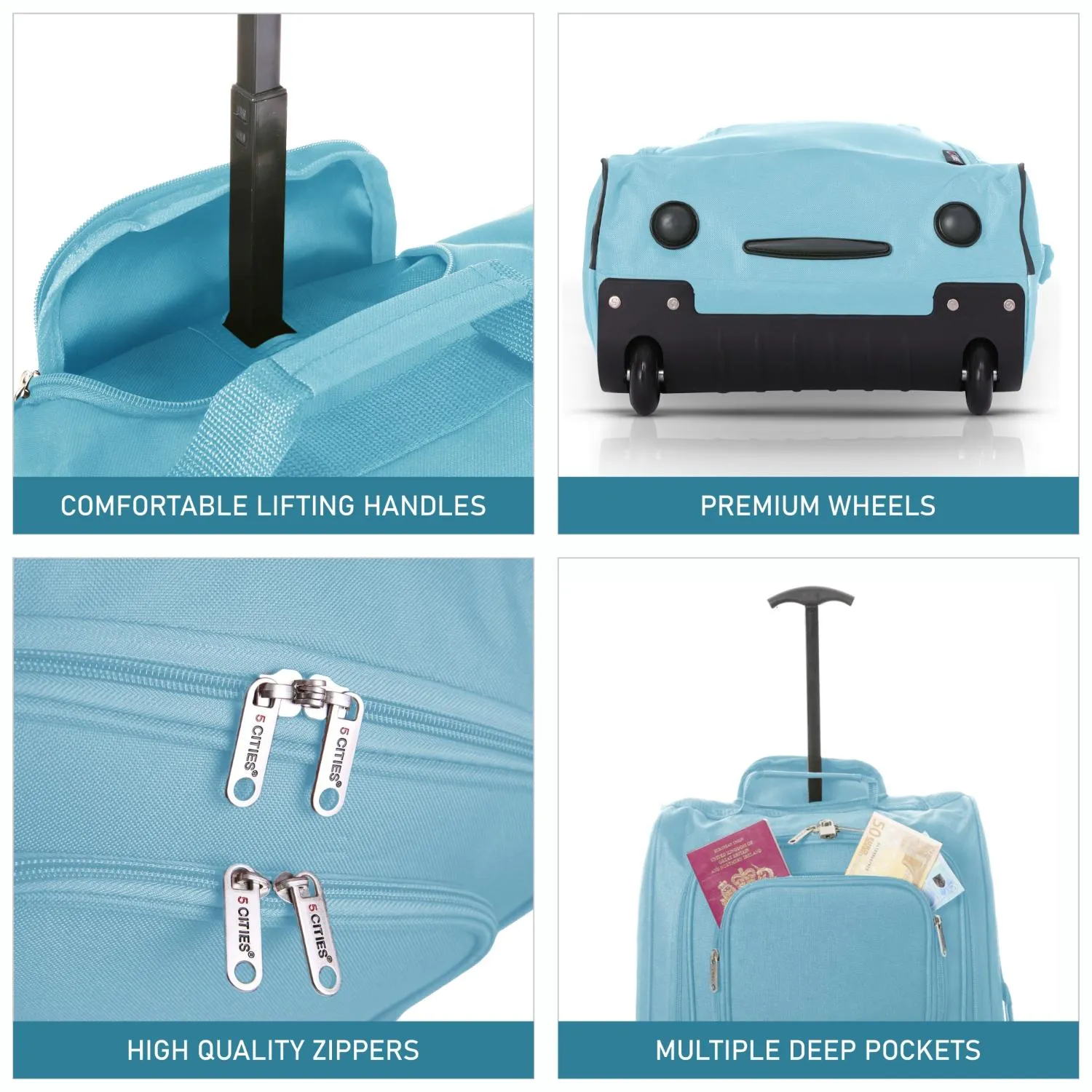 5 Cities (55x35x20cm) Lightweight Cabin Hand Luggage With a Retractable Telescopic Handle, Approved For Ryanair/easyJet/British Airways & more