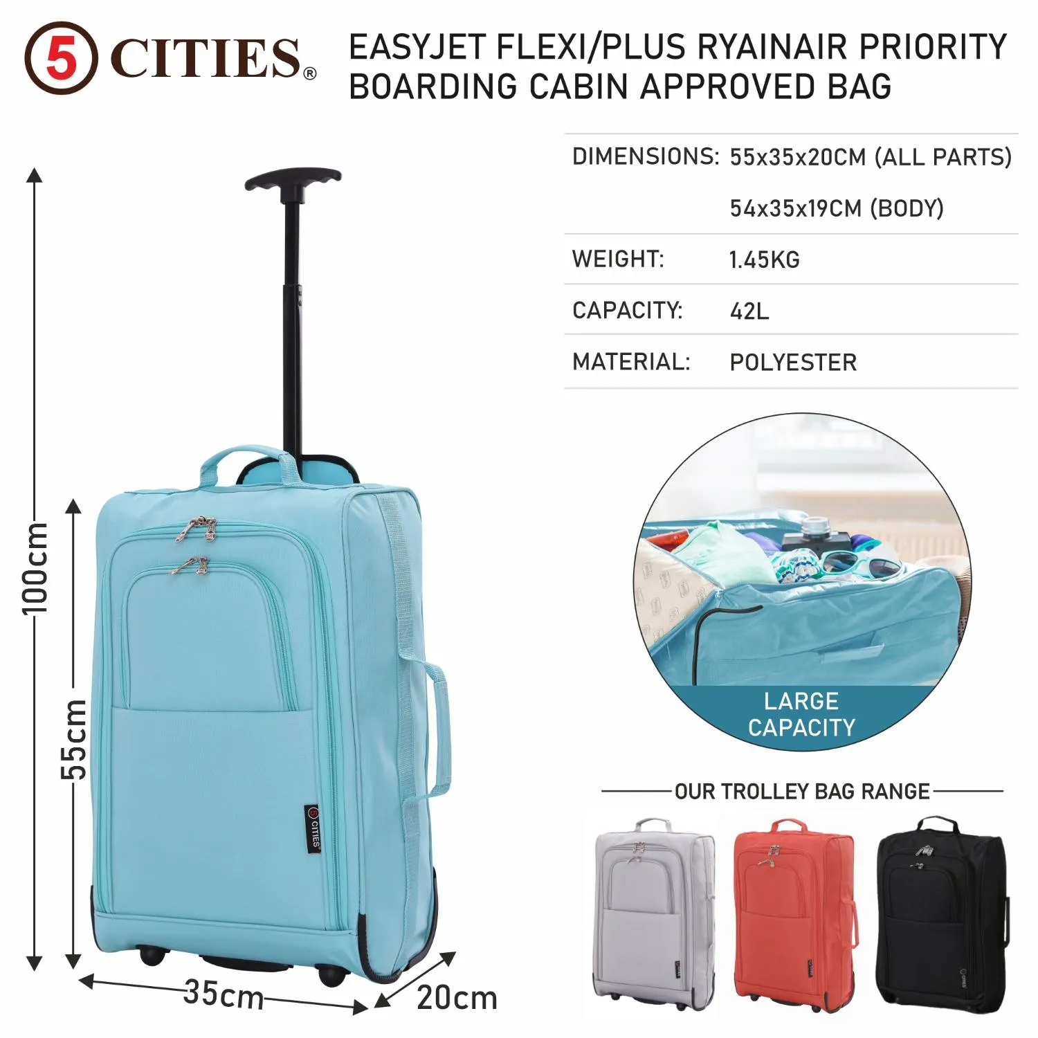 5 Cities (55x35x20cm) Lightweight Cabin Hand Luggage With a Retractable Telescopic Handle, Approved For Ryanair/easyJet/British Airways & more