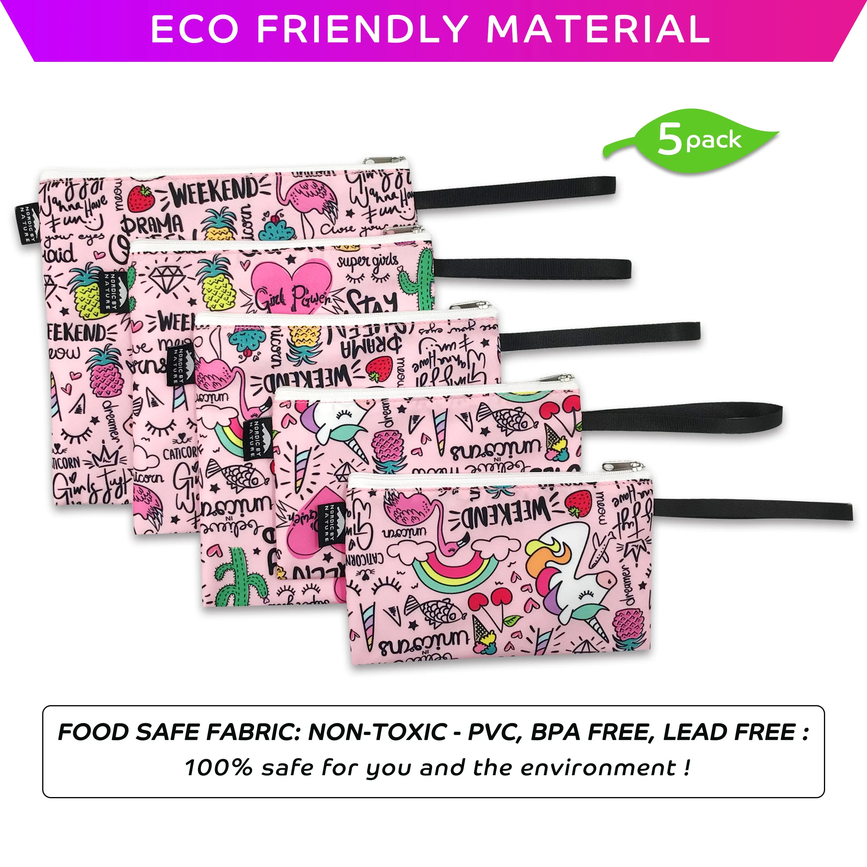 5 Dual-Layer Reusable Sandwich Bags - Unicorns & Rainbows