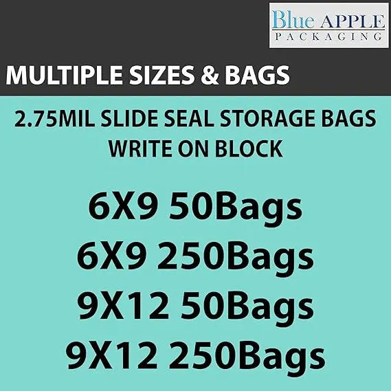 6X9 inches Resealable Poly Bags Slide Seal With write on Block 2.75 Mil (LDPE)
