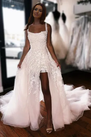 A Line Square Neck Sweep Train Wedding Dress with Lace Appliques