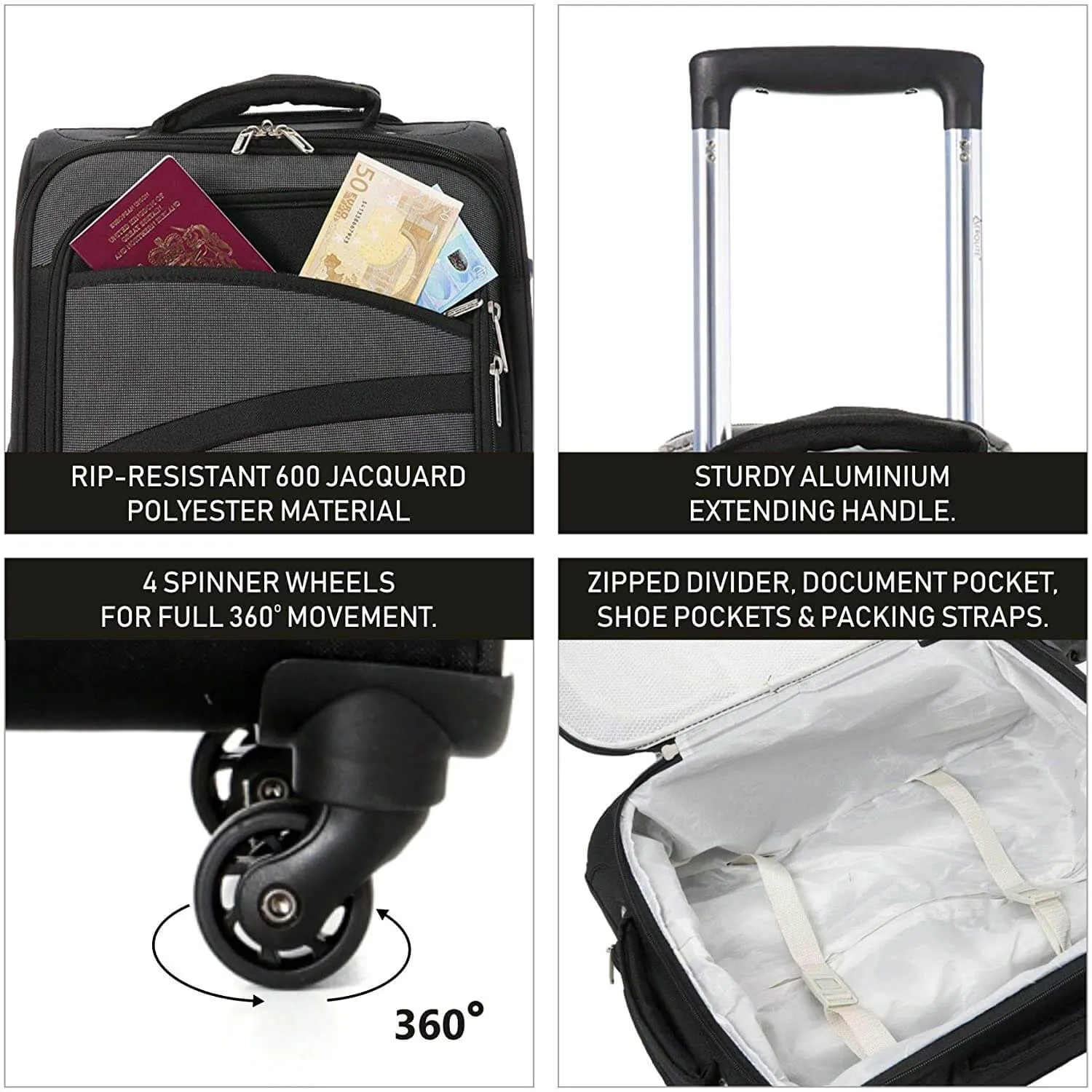 Aerolite (47x35x20cm) Lightweight Soft Shell Cabin Hand Luggage (x2 Set) | 4 Wheels