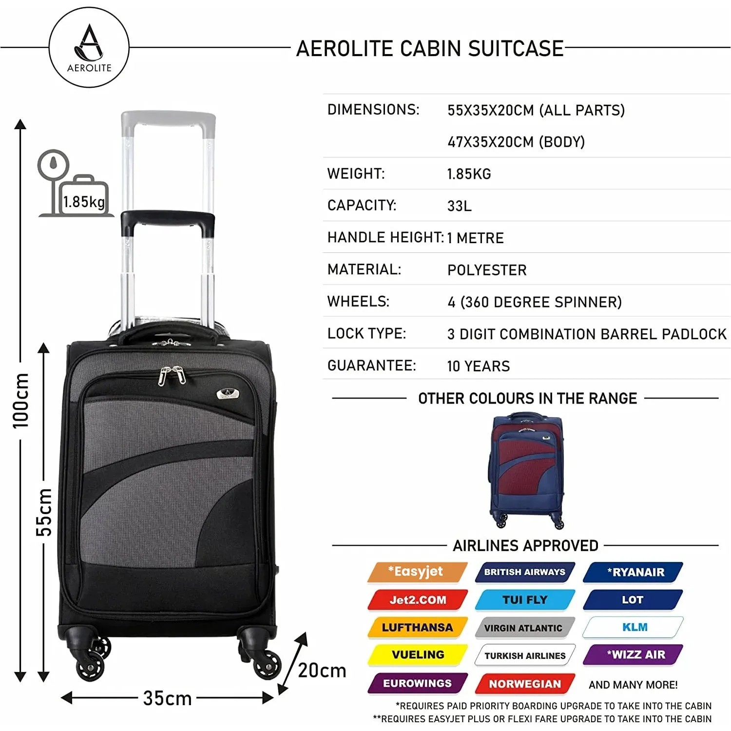 Aerolite (47x35x20cm) Lightweight Soft Shell Cabin Hand Luggage (x2 Set) | 4 Wheels