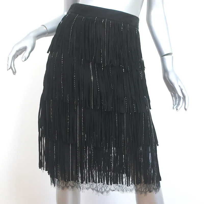 Alice   Olivia Misha Fringed Suede Midi Skirt Black Size 2 NEW