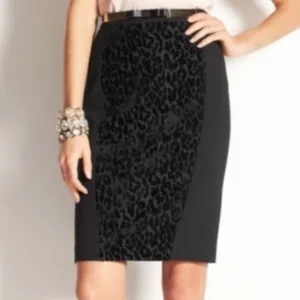 Ann Taylor Black Leopard Print Velvet Pencil Skirt