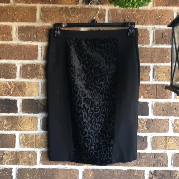 Ann Taylor Black Leopard Print Velvet Pencil Skirt