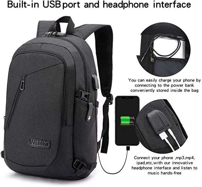 Anti-Theft Backpack with USB Charging Port and Earphone Port with Lock Slim Water Resistant Bag