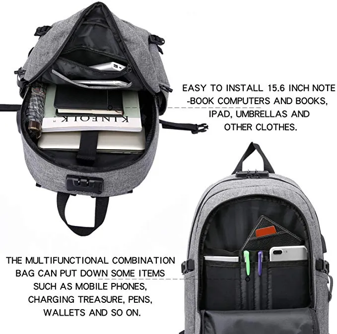 Anti-Theft Backpack with USB Charging Port and Earphone Port with Lock Slim Water Resistant Bag