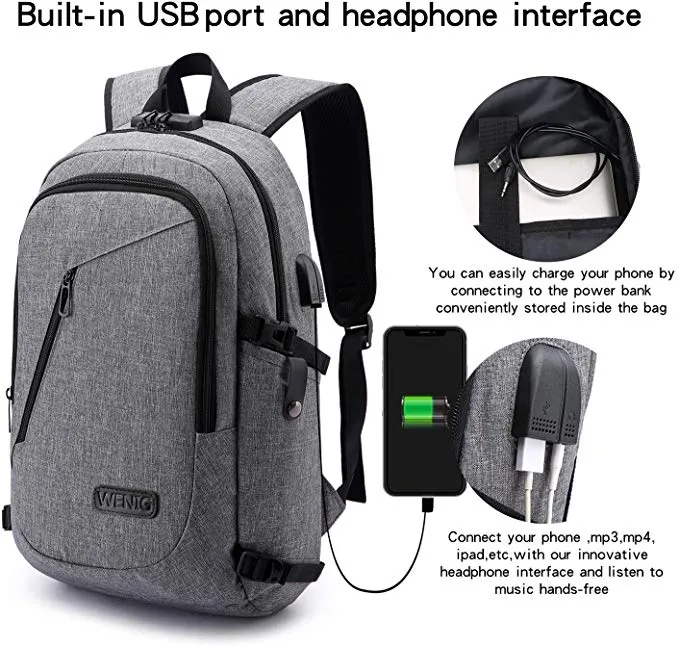 Anti-Theft Backpack with USB Charging Port and Earphone Port with Lock Slim Water Resistant Bag