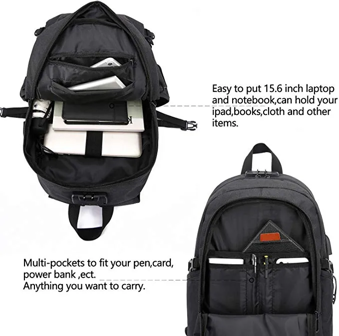 Anti-Theft Backpack with USB Charging Port and Earphone Port with Lock Slim Water Resistant Bag