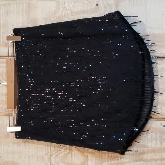 Avec Les Filles NWT Black Sequin Fringe Velvet Trim Mini Skirt Size S
