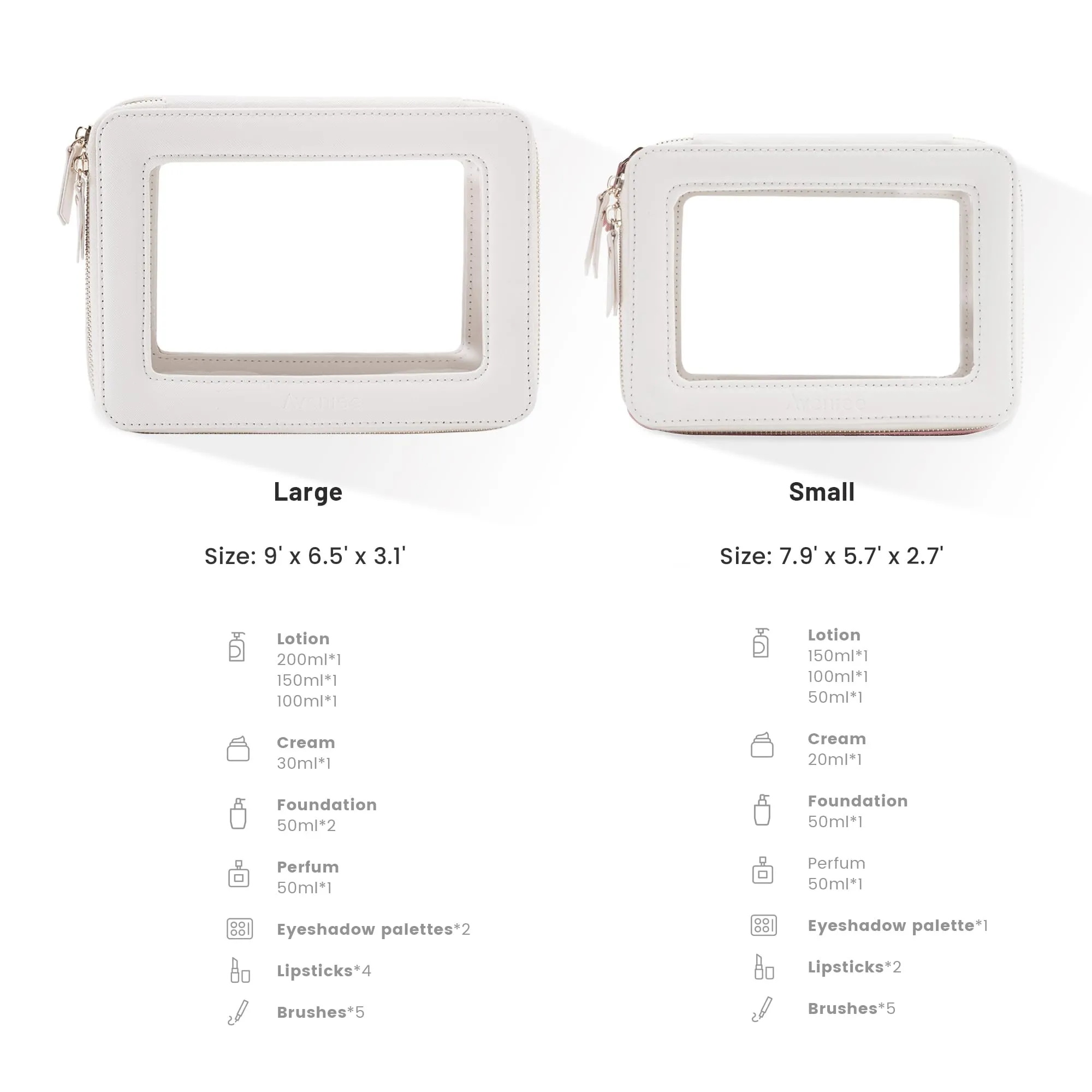 Aveniee Clear Makeup Bag Organizer, Portable Travel Toiletry Cosmetic Case for Women, Vegan Leather Make Up Pouch with Clear Windows & Gold Zippers 2pcs(Middle Large)- White