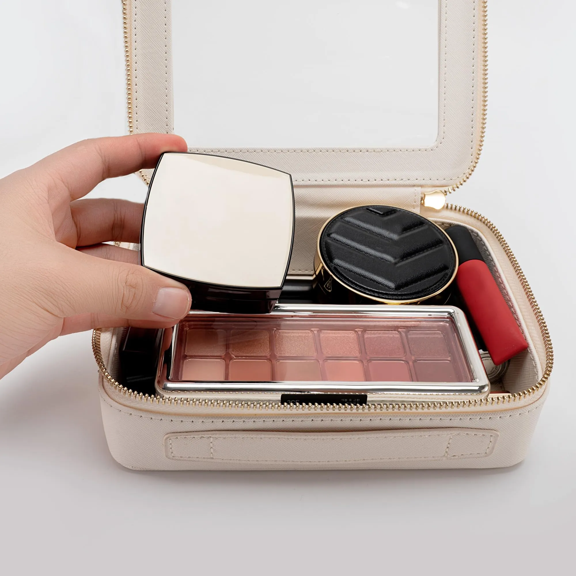 Aveniee Clear Makeup Bag Organizer, Portable Travel Toiletry Cosmetic Case for Women, Vegan Leather Make Up Pouch with Clear Windows & Gold Zippers 2pcs(Middle Large)- White