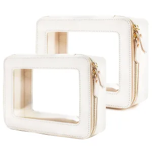 Aveniee Clear Makeup Bag Organizer, Portable Travel Toiletry Cosmetic Case for Women, Vegan Leather Make Up Pouch with Clear Windows & Gold Zippers 2pcs(Middle Large)- White