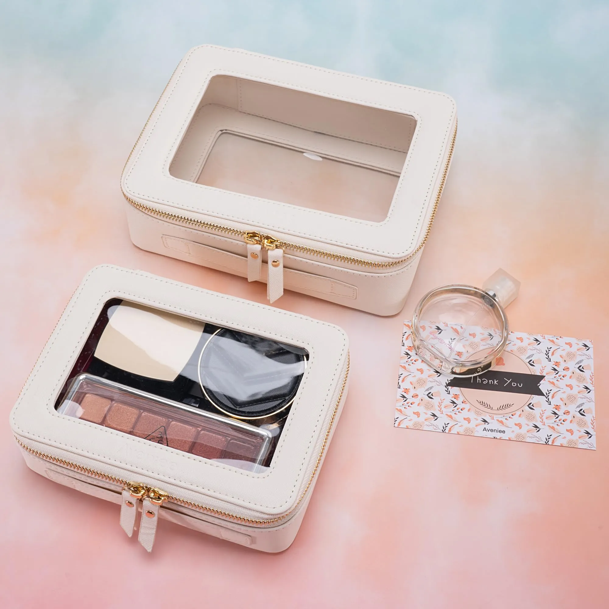 Aveniee Clear Makeup Bag Organizer, Portable Travel Toiletry Cosmetic Case for Women, Vegan Leather Make Up Pouch with Clear Windows & Gold Zippers 2pcs(Middle Large)- White