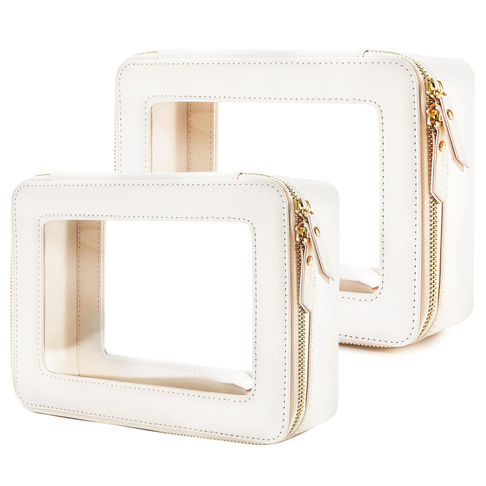 Aveniee Clear Makeup Bag Organizer, Portable Travel Toiletry Cosmetic Case for Women, Vegan Leather Make Up Pouch with Clear Windows & Gold Zippers 2pcs(Middle Large)- White