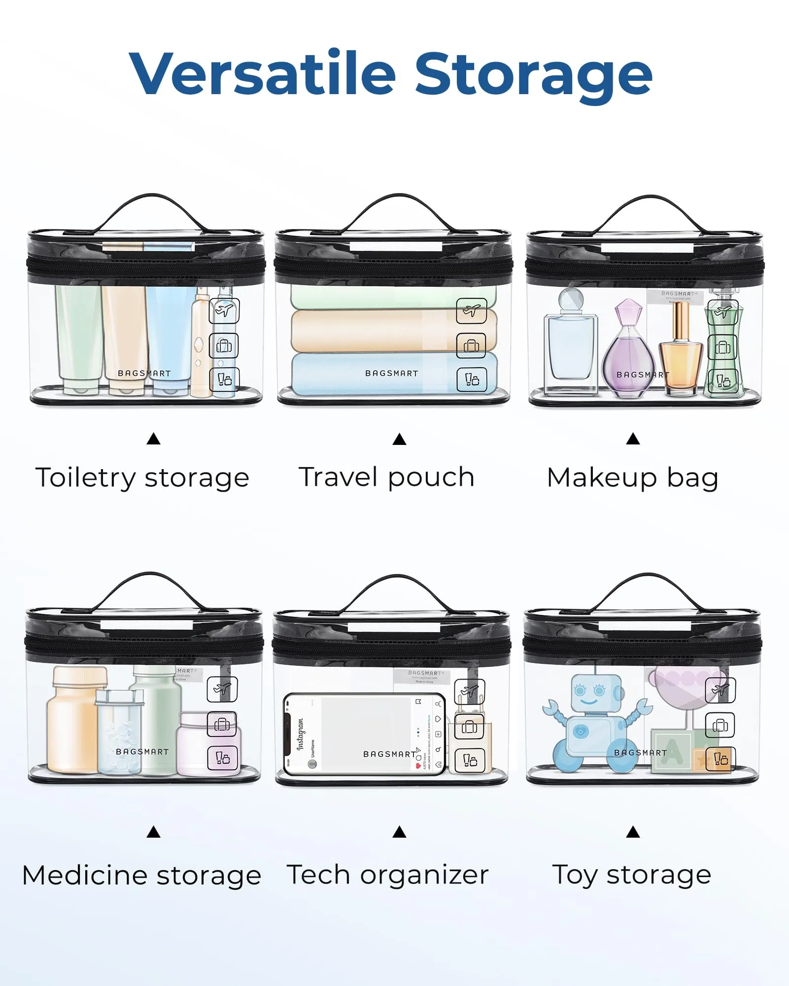 BAGSMART TSA Approved Toiletry Bag, 2 Pack Clear Makeup Cosmetic Bag Organizer, Quart Size Travel Bag for Toiletries, Carry-on Travel Accessories Essentials, Rose Red-2pcs