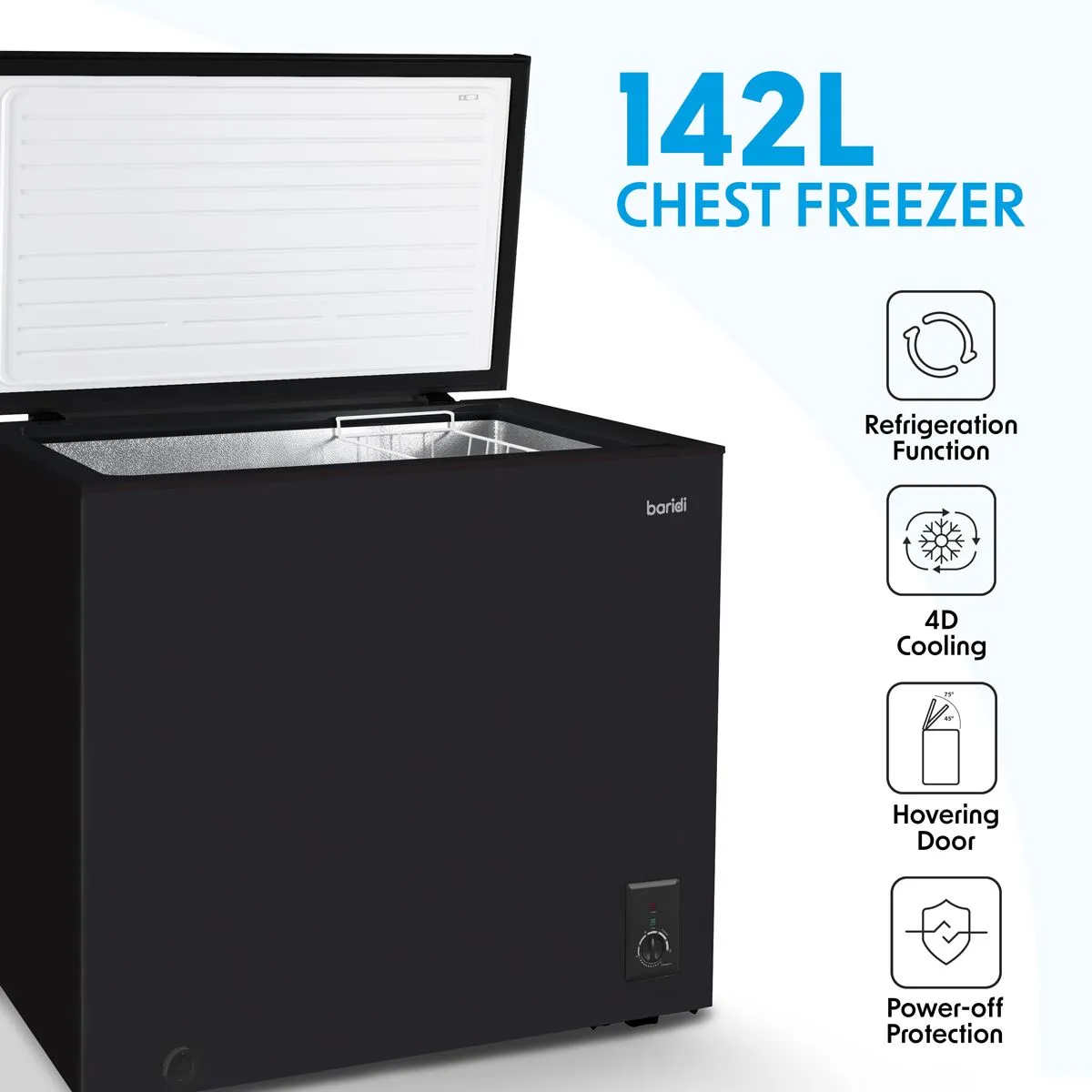 Baridi Freestanding Chest Freezer, 142L Capacity, Garages and Outbuilding Safe, -12 to -24°C Adjustable Thermostat with Refrigeration Mode, Black