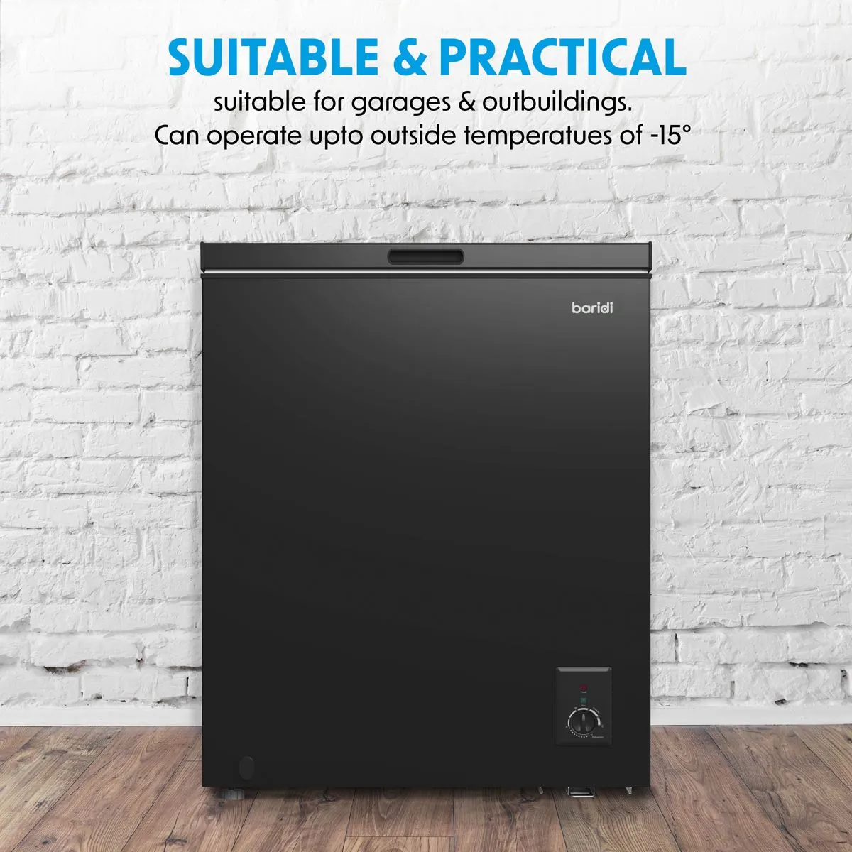 Baridi Freestanding Chest Freezer, 142L Capacity, Garages and Outbuilding Safe, -12 to -24°C Adjustable Thermostat with Refrigeration Mode, Black