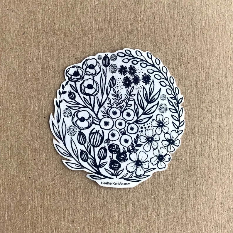 Black & White Vintage Florals Vinyl Sticker, 3 inch, FREE SHIPPING