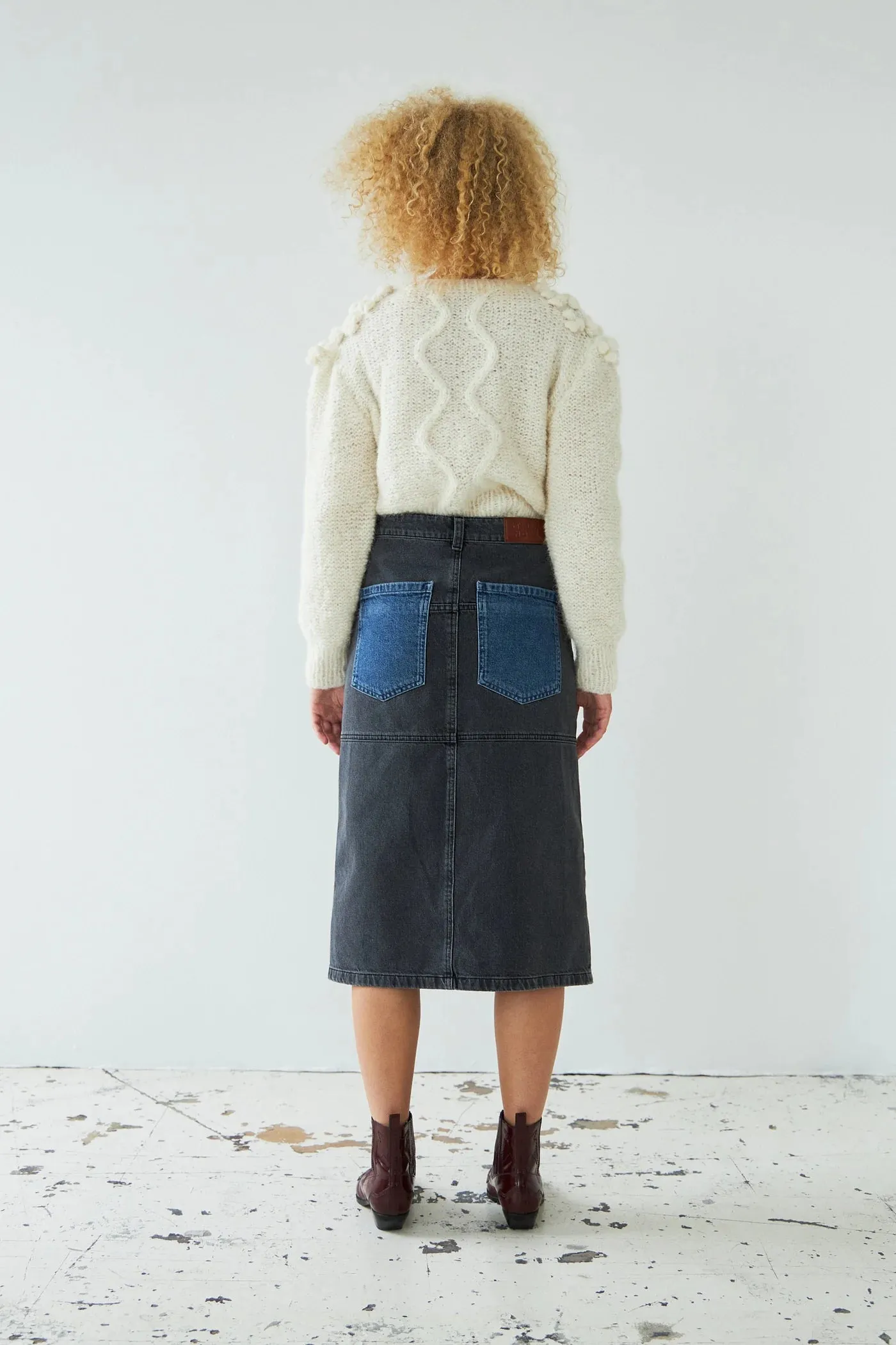 Black And Blue Denim Midi Skirt