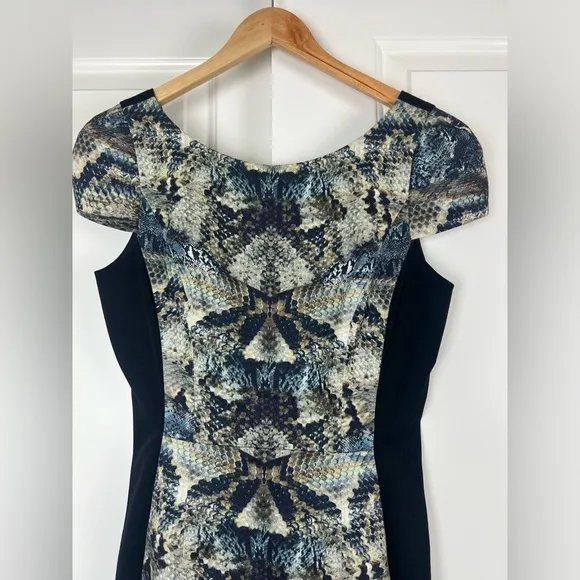 Black Halo × Revolve Grayson Cap Sleeve Mini Dress Black and Blue Snake Print 10