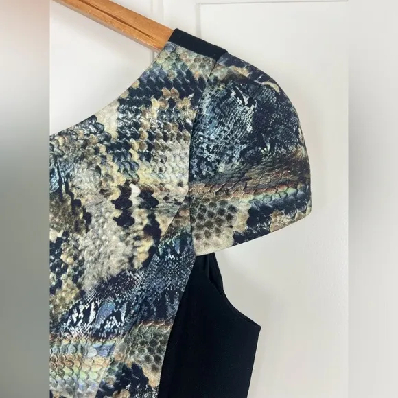 Black Halo × Revolve Grayson Cap Sleeve Mini Dress Black and Blue Snake Print 10