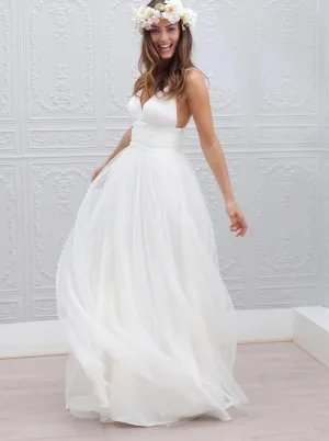 Boho Beach Ivory Tulle Spaghetti Straps Backless Wedding Party Dress