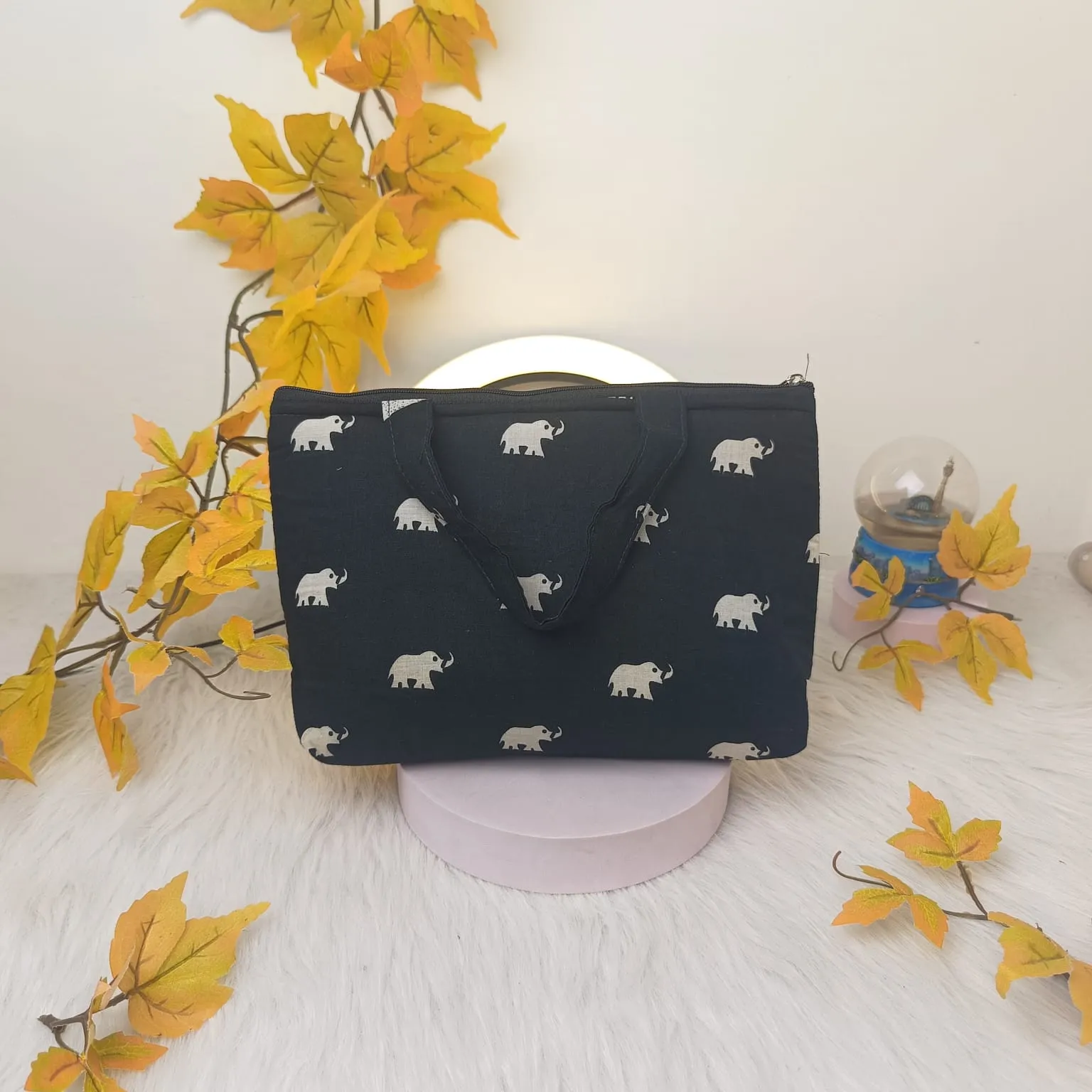Bristlefront everyday handy bags Black with White Small Elephant Design.