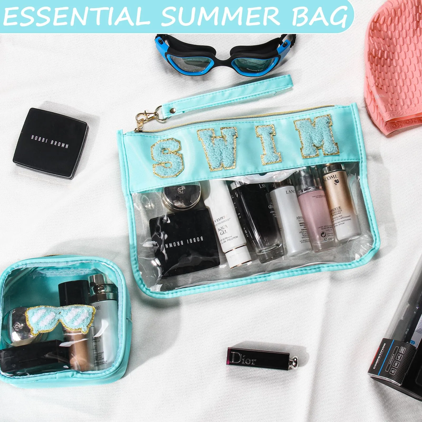 BuyCard 2 Pcs Swim Bag Cosmetic Makeup Bag with Chenille Letter Patch, Clear Pouch PVC Organizer Purse, Waterproof Travel Beach Bag, Portable Toiletry Storage Bag