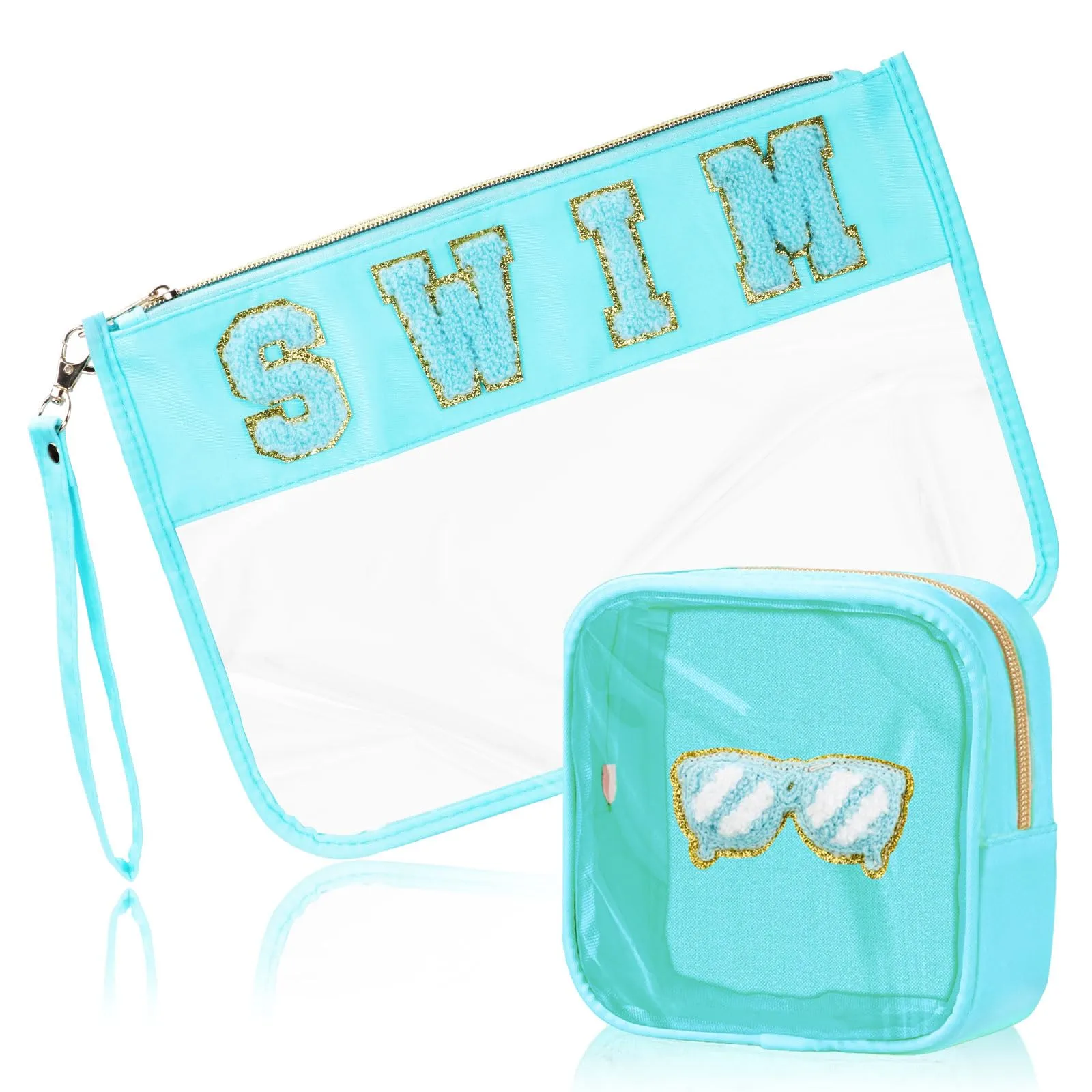 BuyCard 2 Pcs Swim Bag Cosmetic Makeup Bag with Chenille Letter Patch, Clear Pouch PVC Organizer Purse, Waterproof Travel Beach Bag, Portable Toiletry Storage Bag