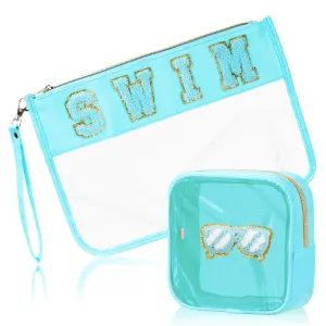 BuyCard 2 Pcs Swim Bag Cosmetic Makeup Bag with Chenille Letter Patch, Clear Pouch PVC Organizer Purse, Waterproof Travel Beach Bag, Portable Toiletry Storage Bag