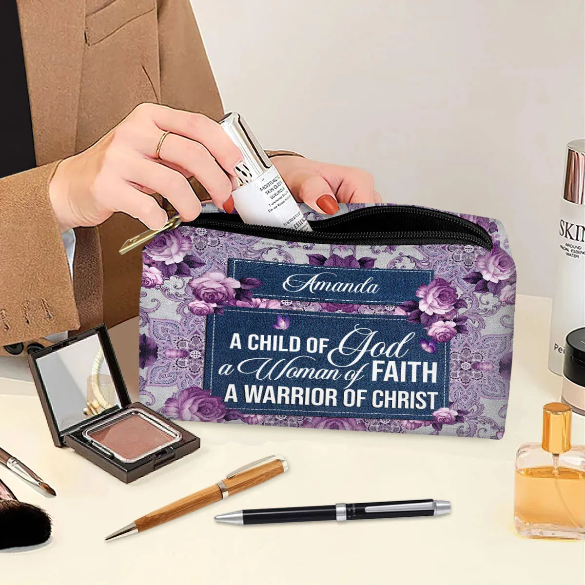 Christianartbag Makeup Cosmetic Bag, A Child Of God, Christmas Gift, Personalized Leather Cosmetic Bag.