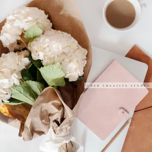 Coffee, Hydrangea & Laptop. Digital Image.