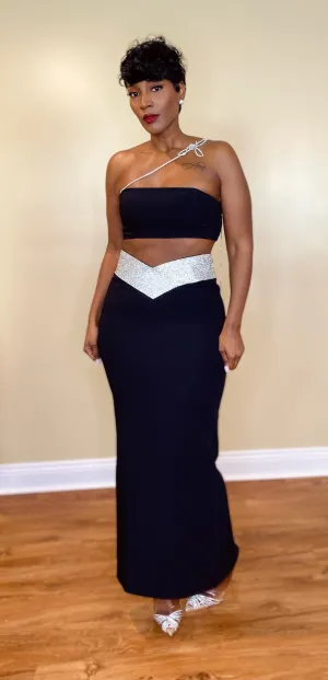 CRYSTAL TRIM SKIRT SET (BLACK)