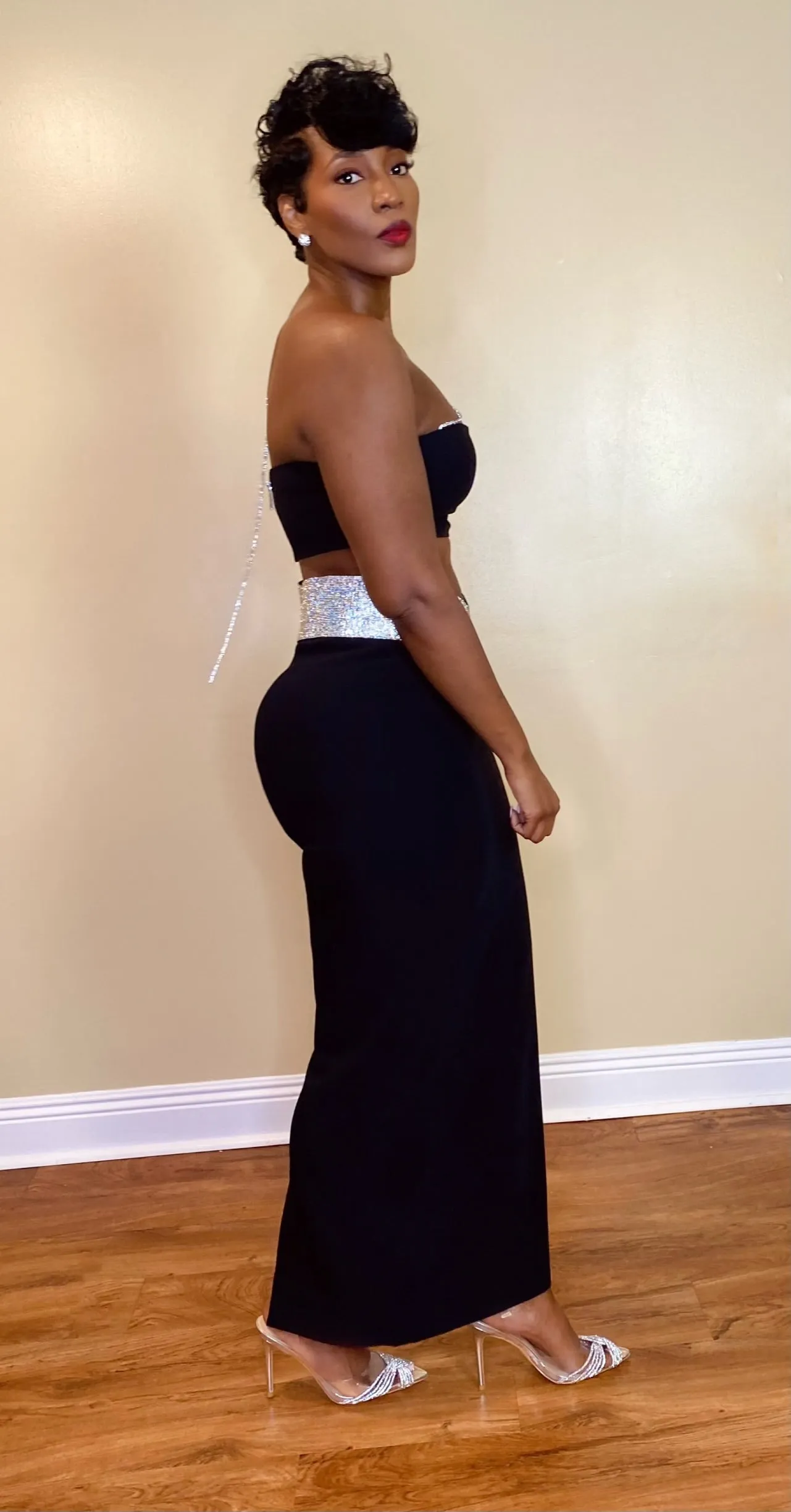 CRYSTAL TRIM SKIRT SET (BLACK)